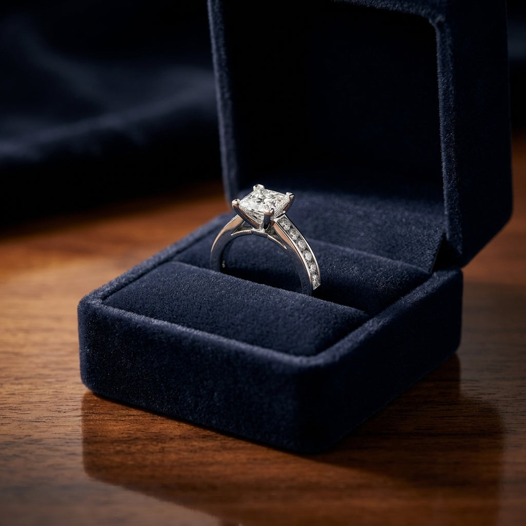 Channel Diamond Wedding Set With 1/2 Ct Princess Center In 14k White Gold — gift presentation