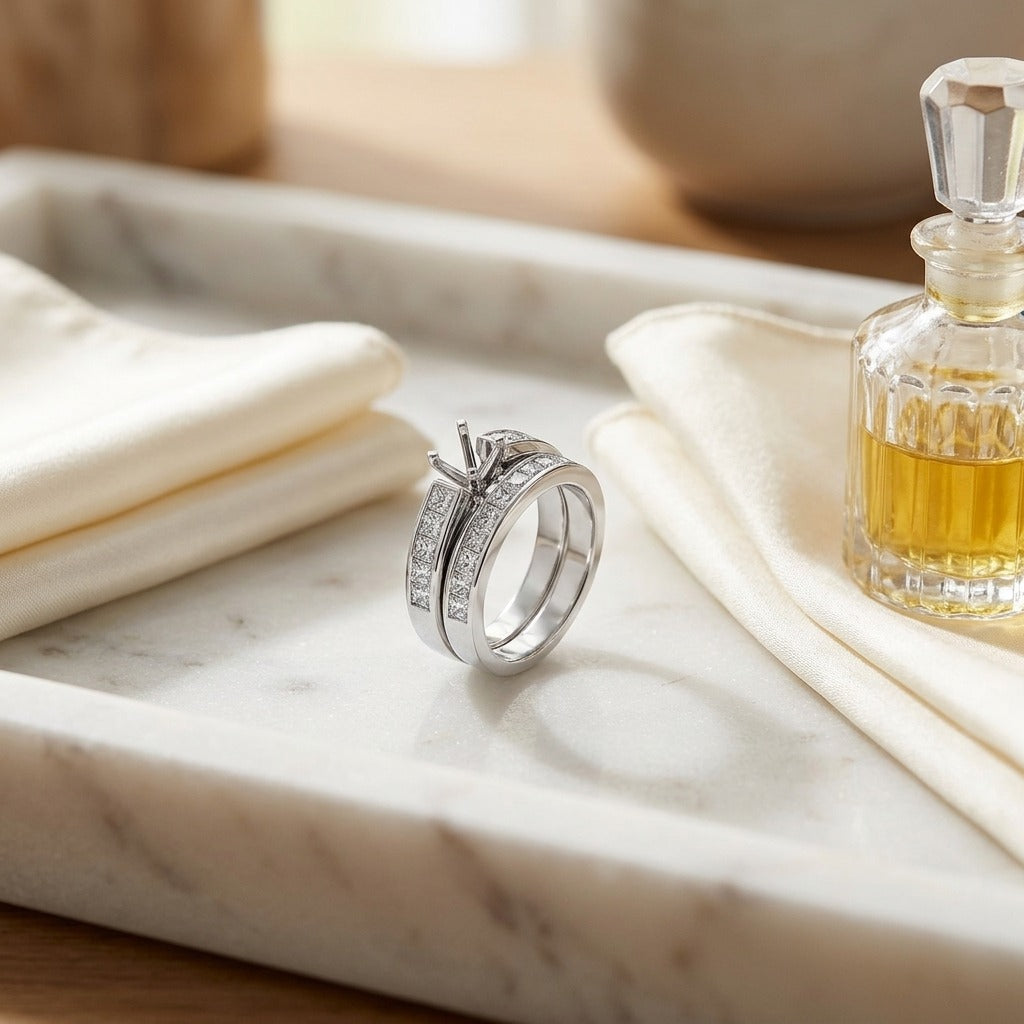 Princess Diamond Channel Wedding Set Semi-Mount with 1/2ct Princess Head in 14k White Gold — marble silk