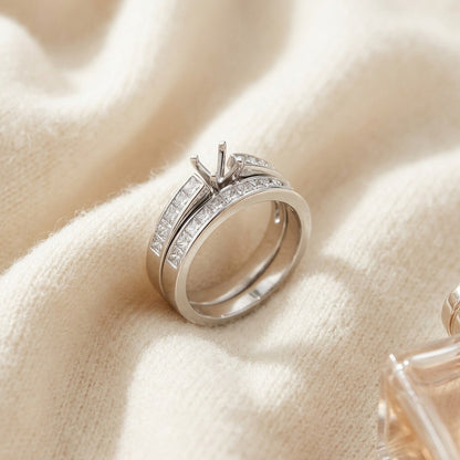 Princess Diamond Channel Wedding Set Semi-Mount with 1/2ct Princess Head in 14k White Gold — textile flat lay