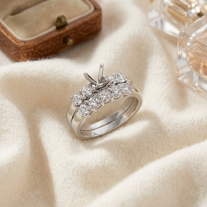 Diamond Wedding Set In 14k White Gold Semi Mount With 4-Prong Head — textile flat lay