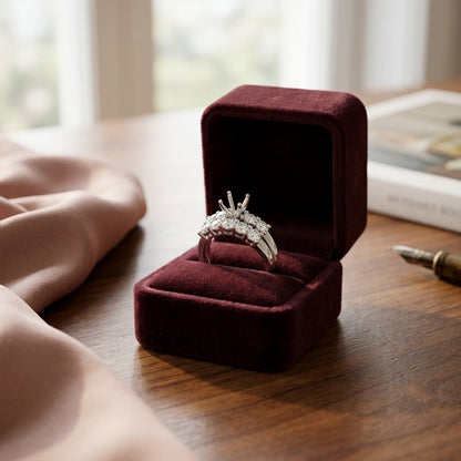 Diamond Wedding Set In 14k White Gold Semi Mount With 4-Prong Head — velvet box