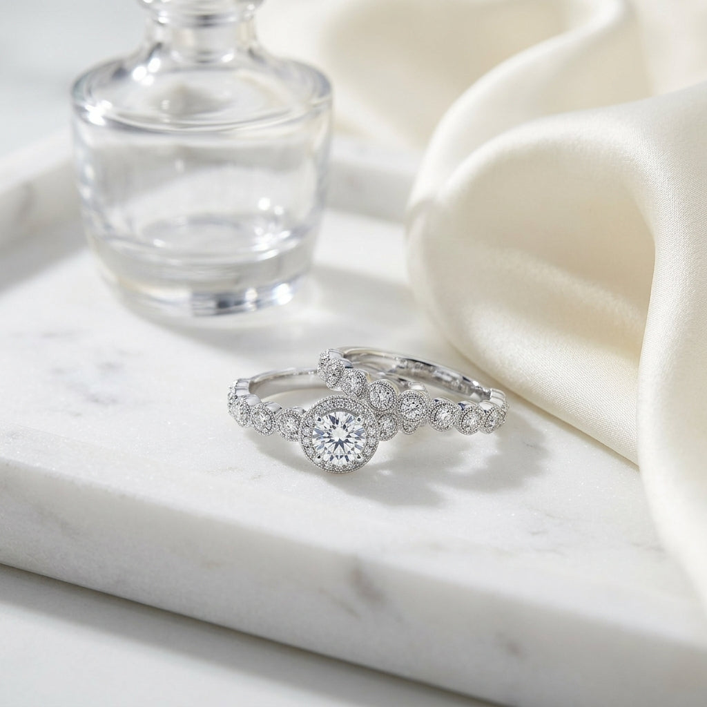 Diamond Wedding Set With 1/2ct Round Center In 14k White Gold — atelier still life