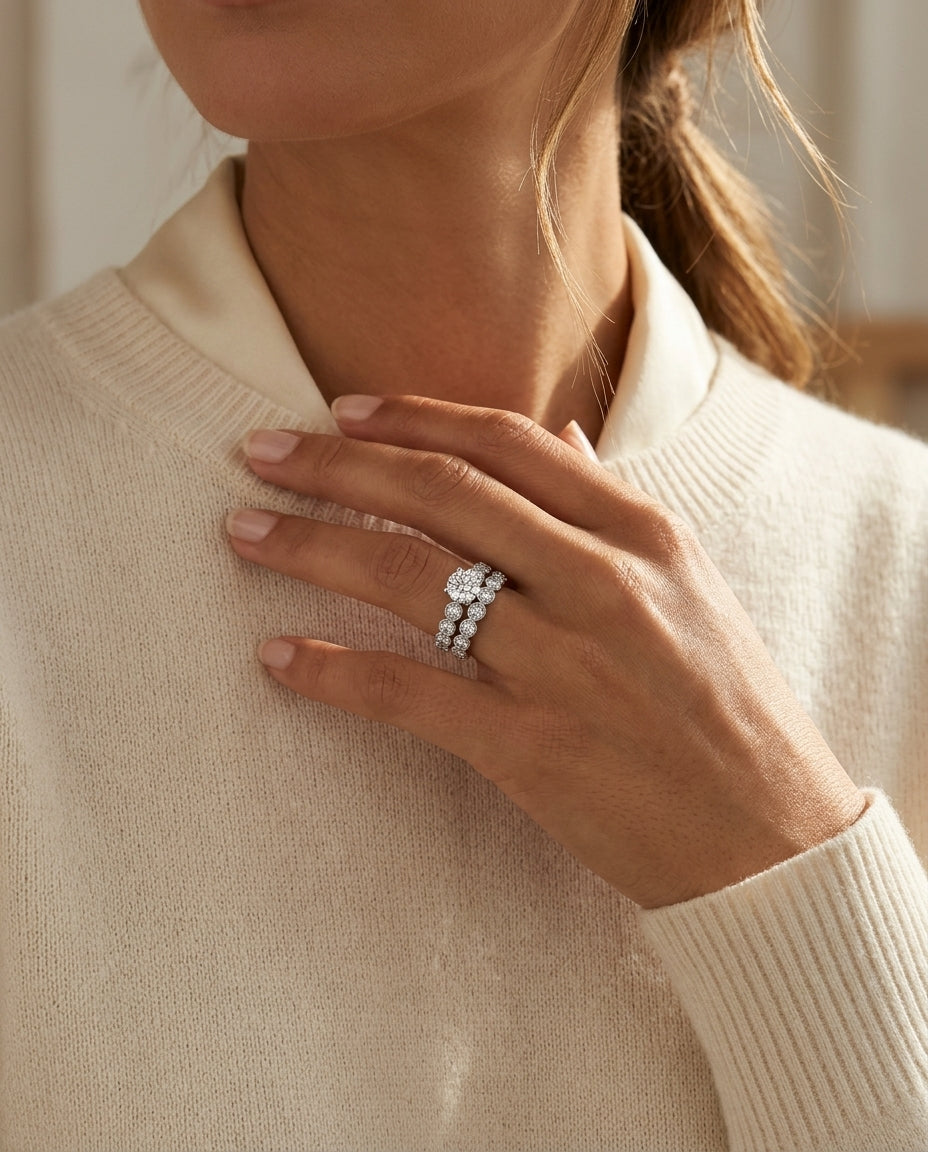 Diamond Wedding Set With 1/2ct Round Center In 14k White Gold — editorial close-up