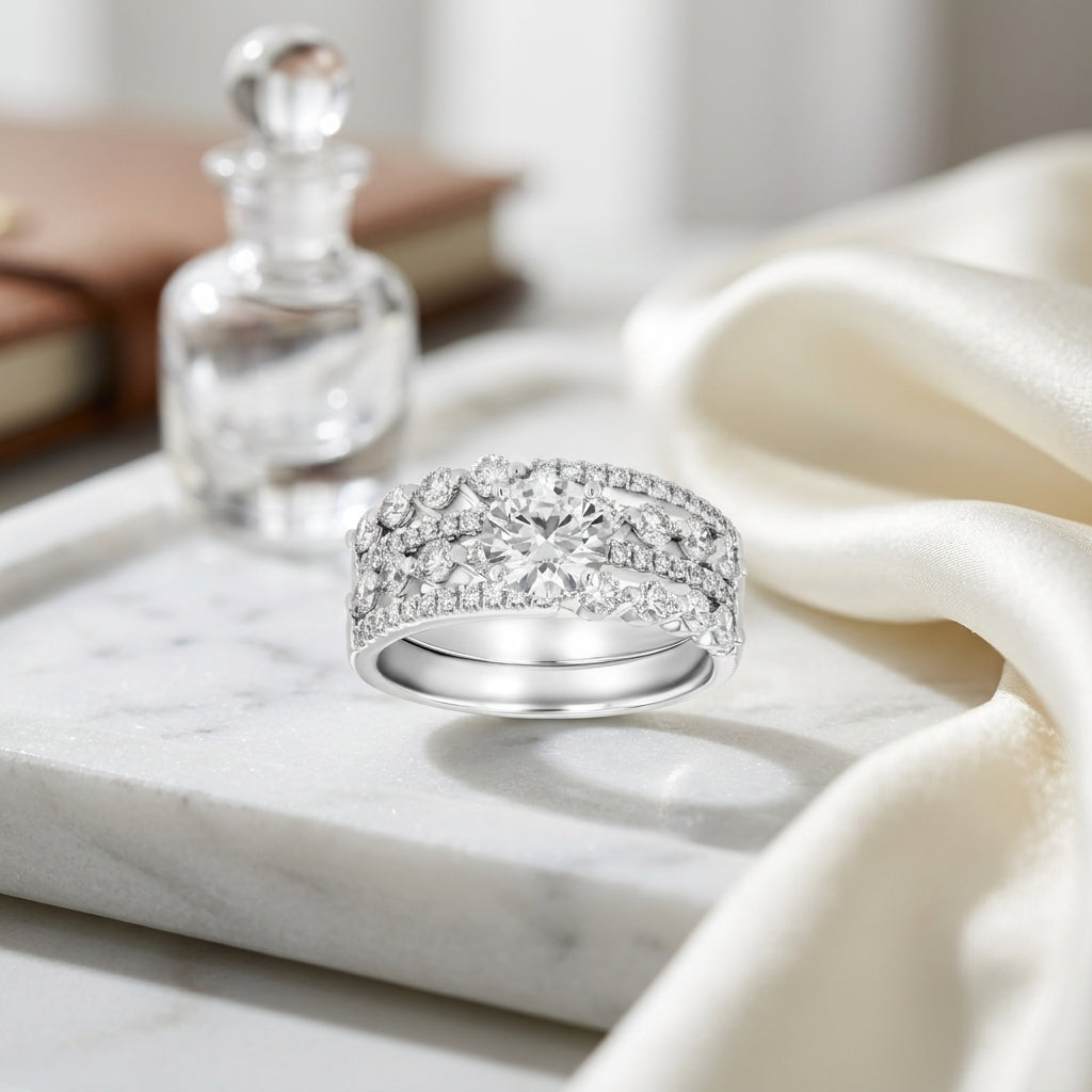 Wide Band Wedding Set in 14k White Gold 1.0ct Round Center, 2.0ctw — atelier still life