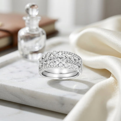 Wide Band Wedding Set in 14k White Gold 1.0ct Round Center, 2.0ctw — atelier still life