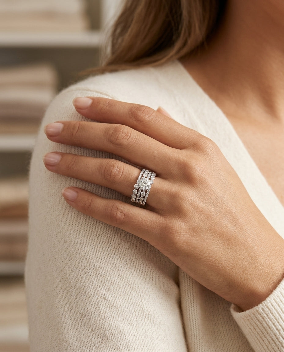 Wide Band Wedding Set in 14k White Gold 1.0ct Round Center, 2.0ctw — editorial close-up