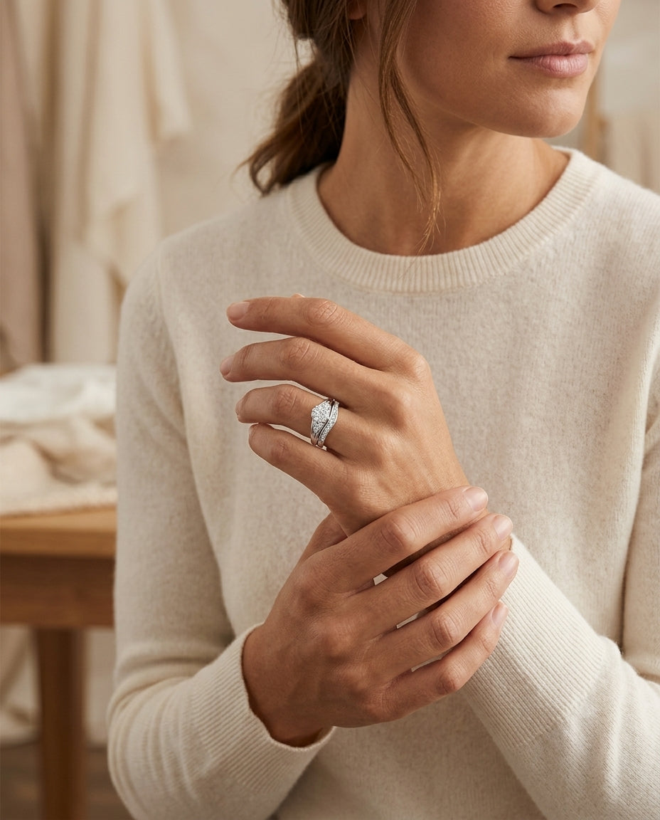 Diamond Chevron Wed Set In 14k White Gold — editorial close-up