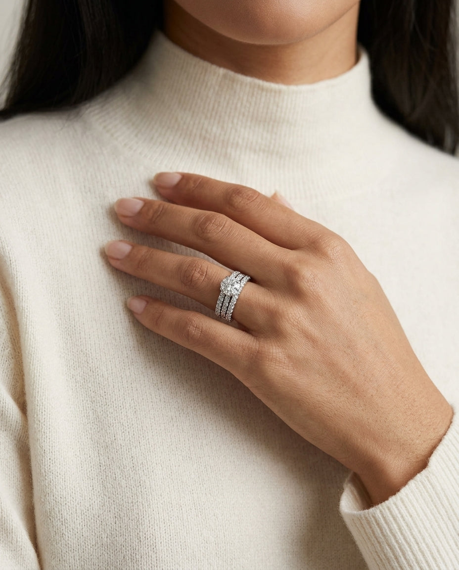 Diamond Pave Double Row Eng Ring In 14k White Gold — editorial close-up