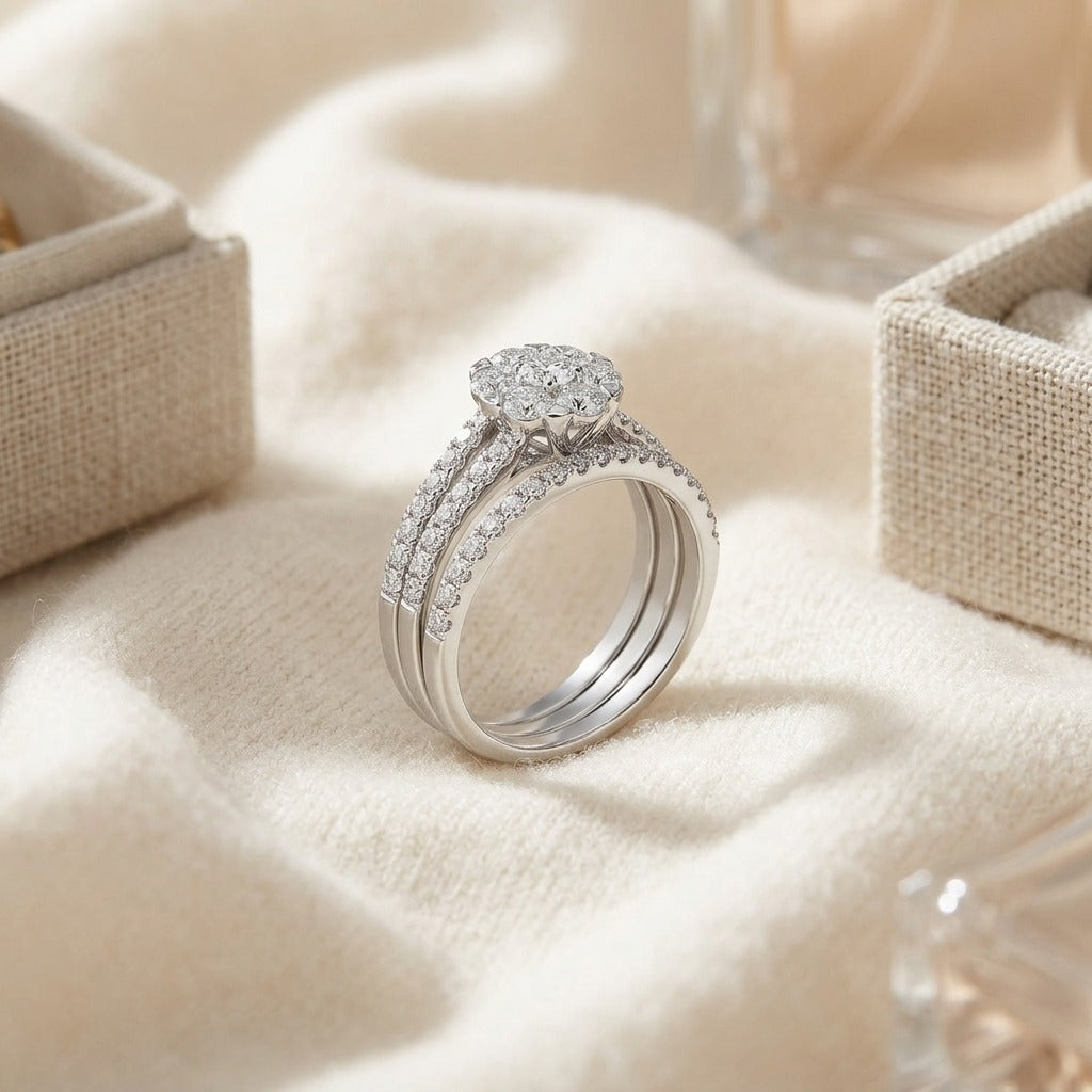Diamond Split Shank Wedding Set In 14k White Gold 3/4ctw — textile flat lay