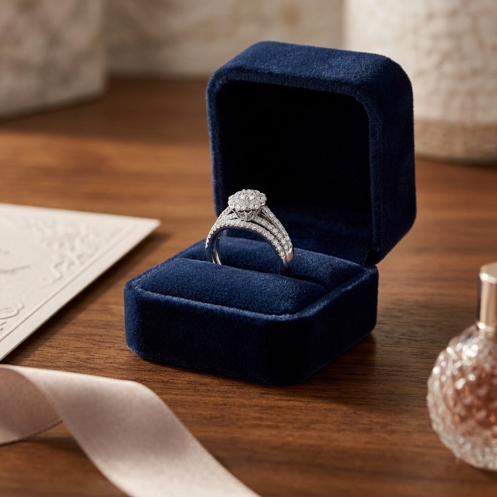 Diamond Split Shank Wedding Set In 14k White Gold 3/4ctw — velvet box