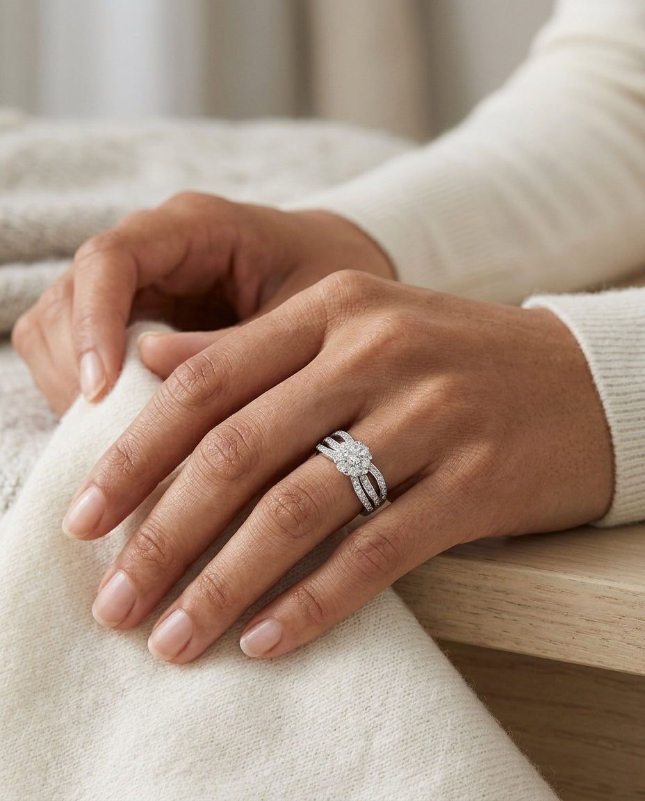 Diamond Contoured Band With Milgrain In 14k White Gold — editorial close-up