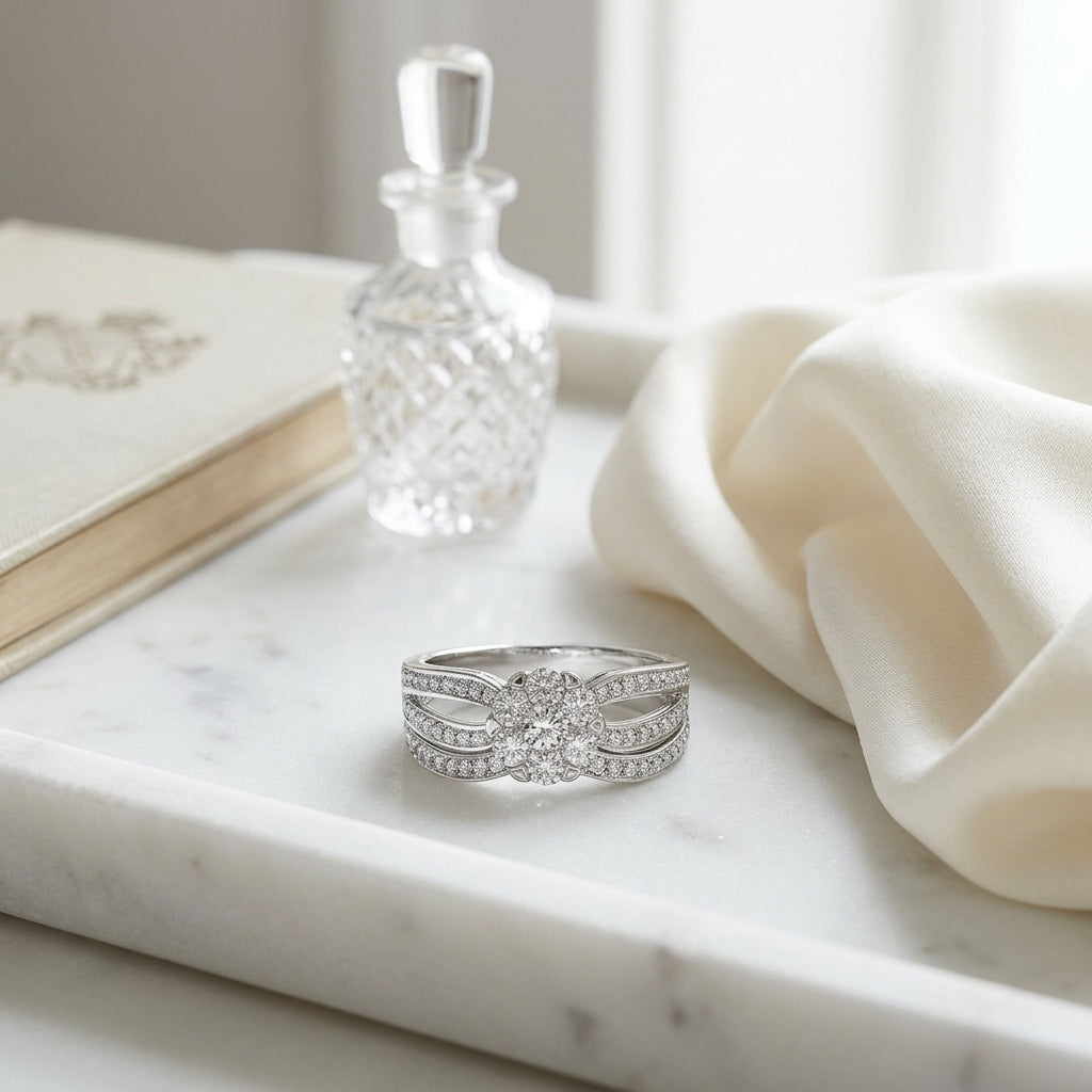 Diamond Milgrained Ribbon Split Shank Eng Ring In 14k White Gold — atelier still life