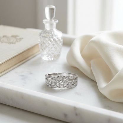 Diamond Milgrained Ribbon Split Shank Eng Ring In 14k White Gold — atelier still life