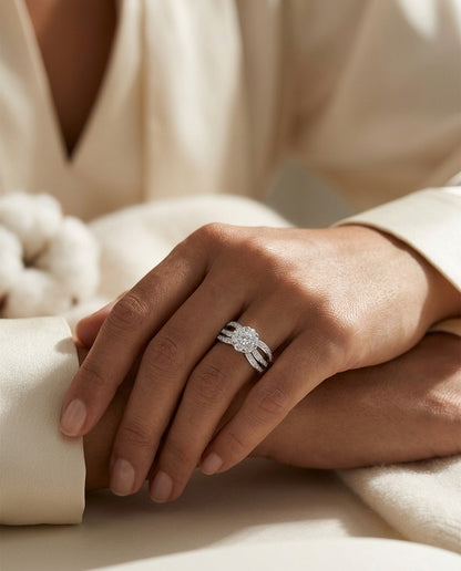 Diamond Milgrained Ribbon Split Shank Eng Ring In 14k White Gold — editorial close-up