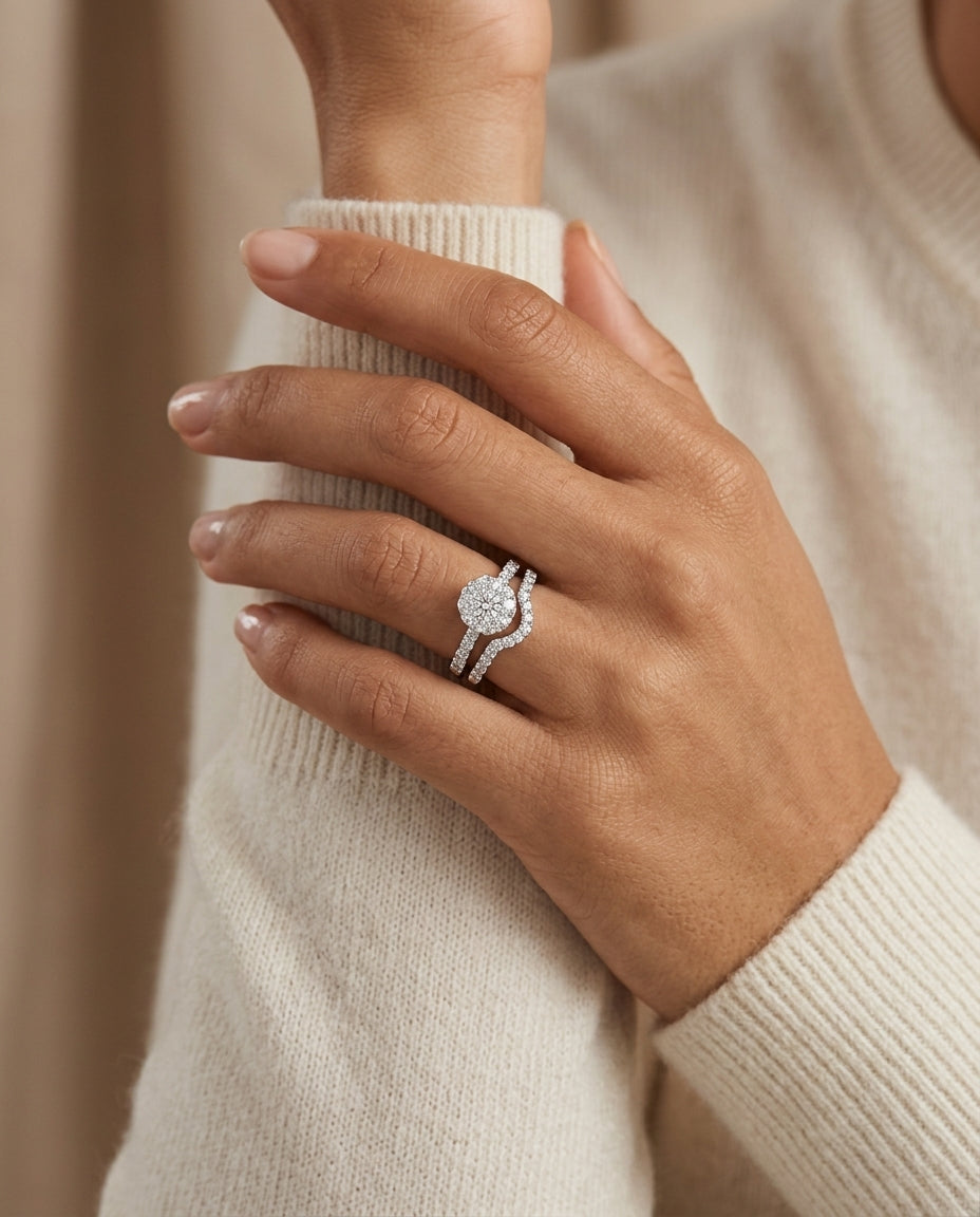 Diamond Pave Notched Band In 14k White Gold — editorial close-up