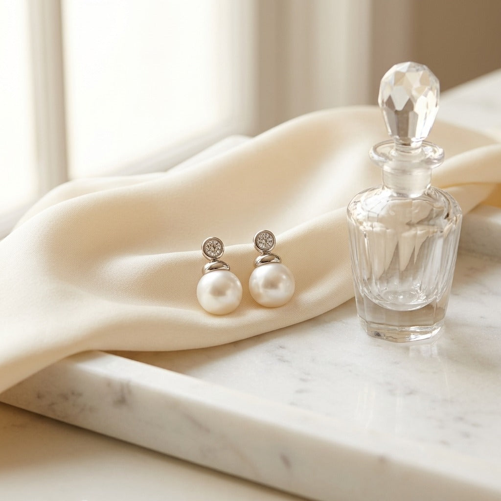 Pearl and Diamond Button Drop Earrings in 14k White Gold — marble silk
