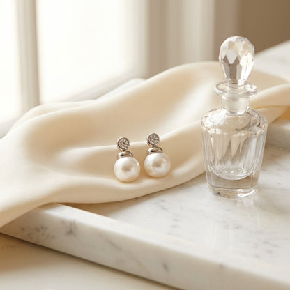 Pearl and Diamond Button Drop Earrings in 14k White Gold — marble silk