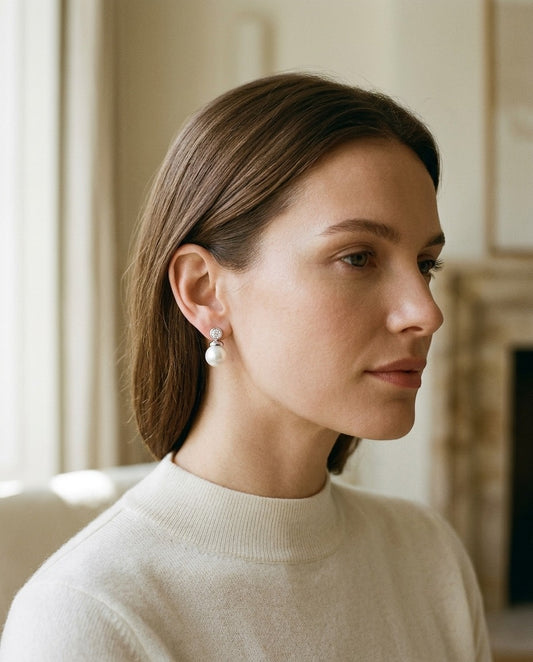 Pearl and Diamond Button Drop Earrings in 14k White Gold — portrait close
