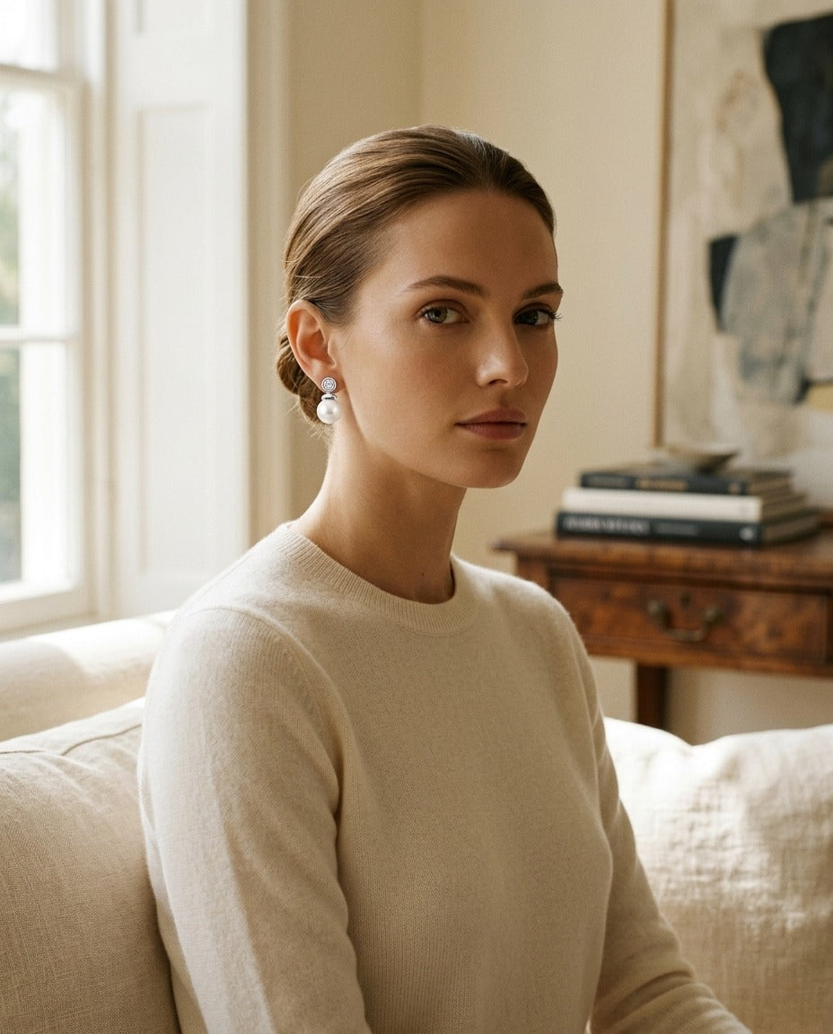 Pearl and Diamond Button Drop Earrings in 14k White Gold — portrait full