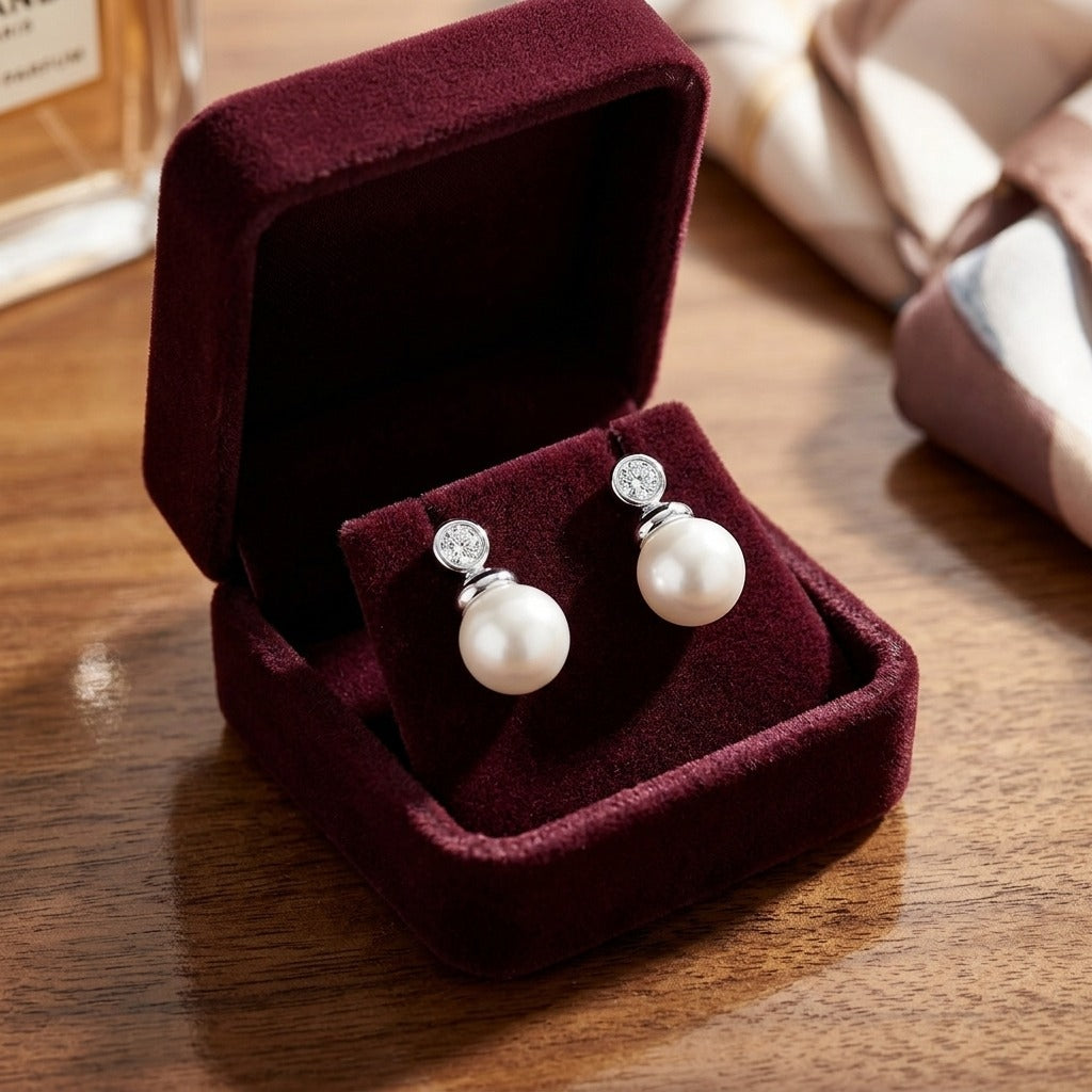 Pearl and Diamond Button Drop Earrings in 14k White Gold — velvet box