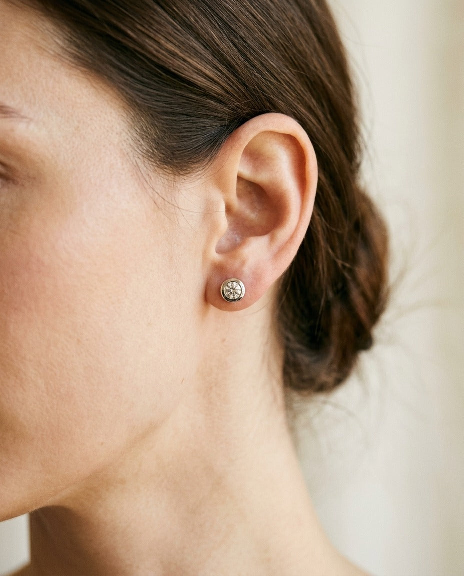 Diamond Bezel Stud Earrings with Pave Basket in 14k White Gold (1ctw), La Pousette Backs — portrait close