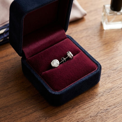 Diamond Bezel Stud Earrings with Pave Basket in 14k White Gold (1ctw), La Pousette Backs — velvet box