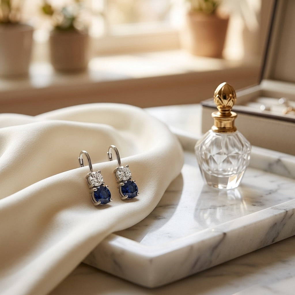 Sapphire And Diamond Two Stone Hinged Back Earrings In 14k White Gold — marble silk