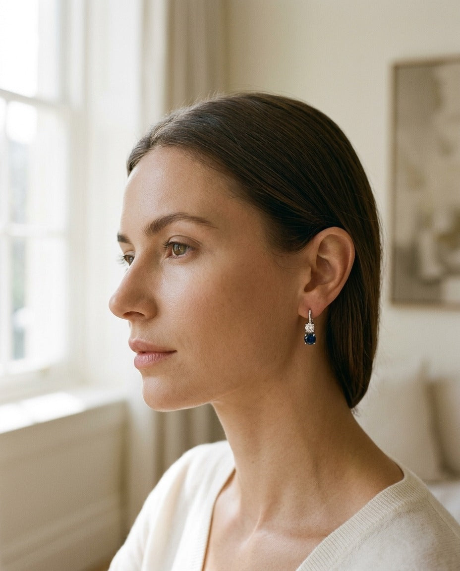 Sapphire And Diamond Two Stone Hinged Back Earrings In 14k White Gold — portrait close