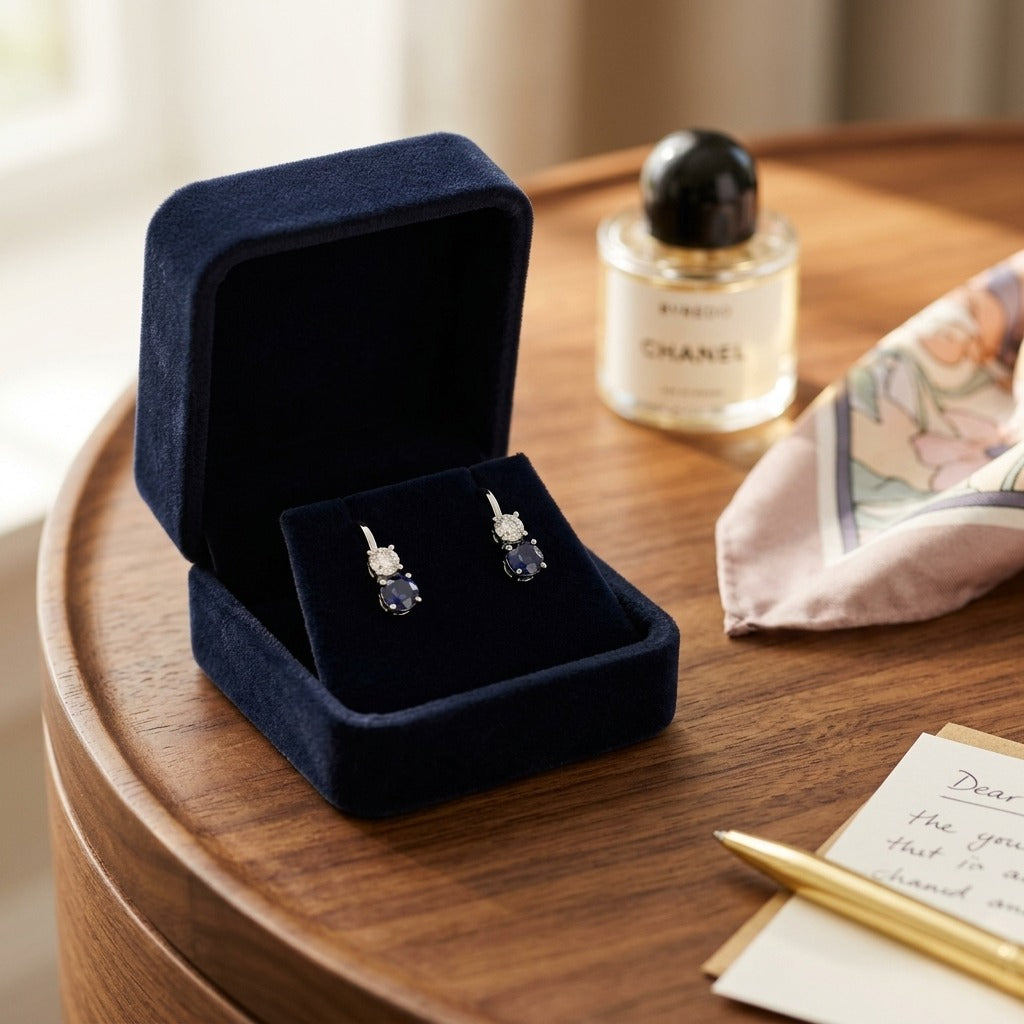 Sapphire And Diamond Two Stone Hinged Back Earrings In 14k White Gold — velvet box