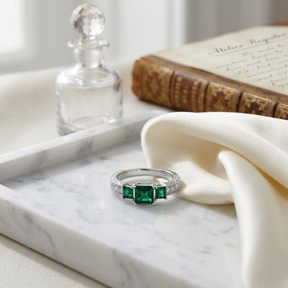 Created Emerald And Diamond 3 Stone Filigree Ring In 14k White Gold — atelier still life