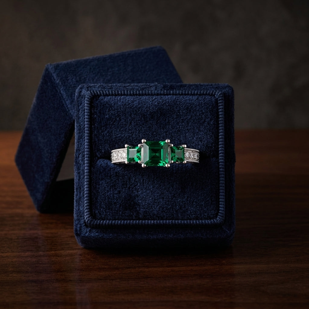 Created Emerald And Diamond 3 Stone Filigree Ring In 14k White Gold — gift presentation