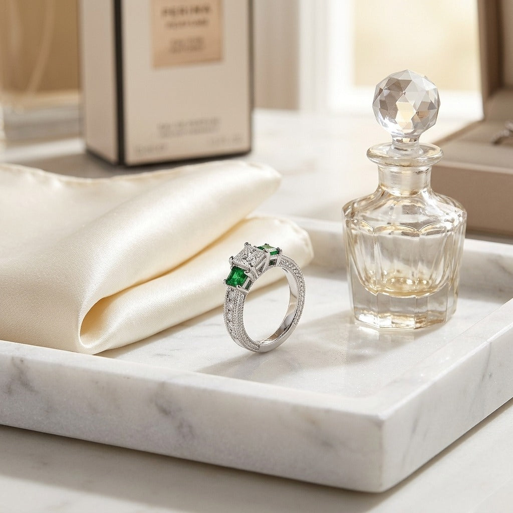 Estie G 14k White Gold 1/8ct Tdw Diamond and Tsavorite 3-Stone Ring (H-I, I1-I2) (Size 7) — marble silk
