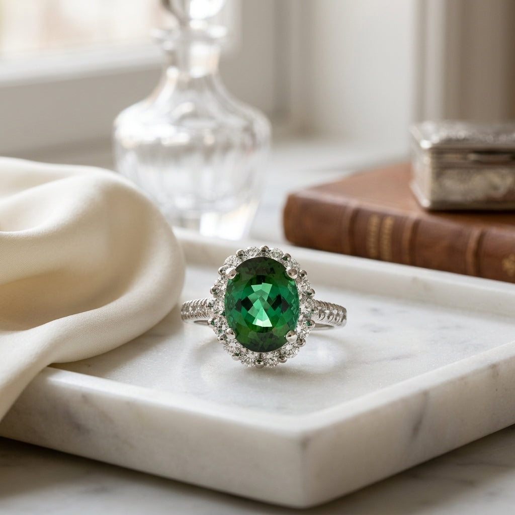 Green Tourmaline And Diamond Oval Halo Ring With Prong-set Shank In 14k White Gold — atelier still life