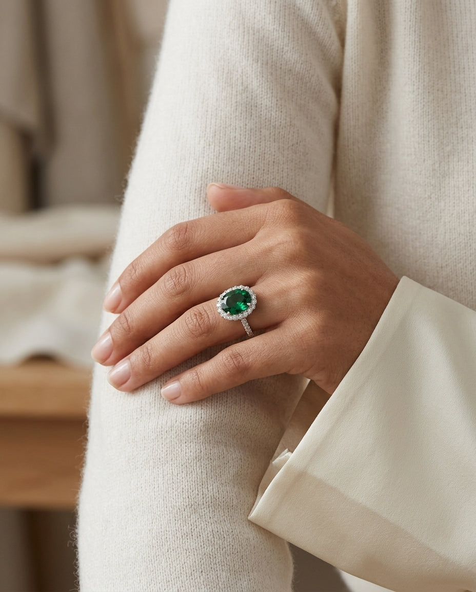 Green Tourmaline And Diamond Oval Halo Ring With Prong-set Shank In 14k White Gold — editorial close-up