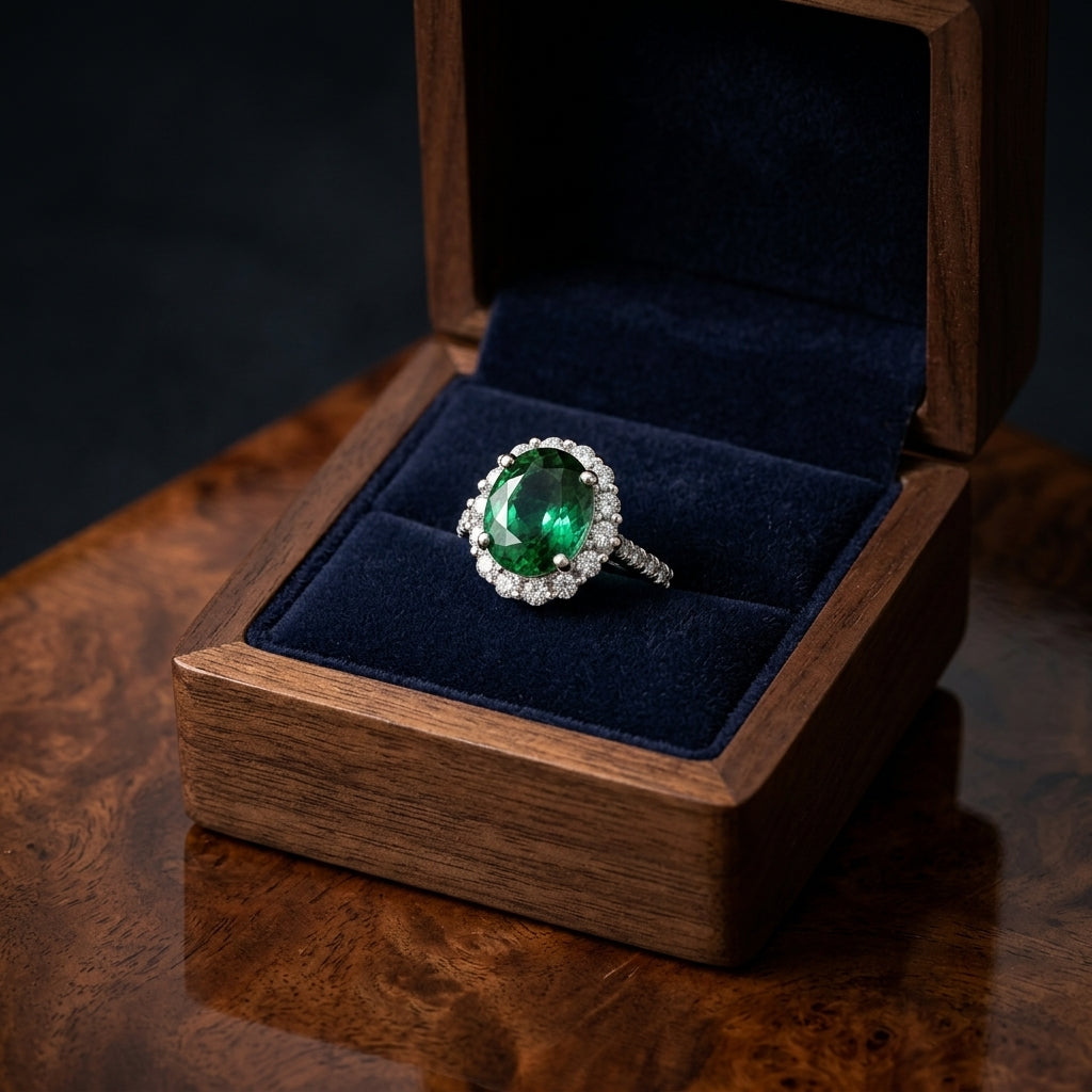 Green Tourmaline And Diamond Oval Halo Ring With Prong-set Shank In 14k White Gold — gift presentation