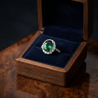 Green Tourmaline And Diamond Oval Halo Ring With Prong-set Shank In 14k White Gold — gift presentation
