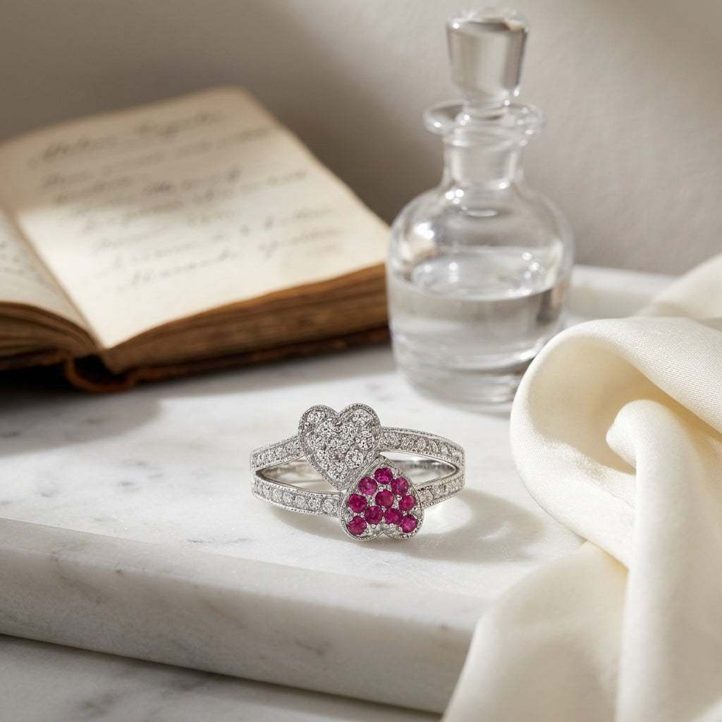 Pink Sapphire And Diamond Twin Heart Ring In 14 Karat White Gold — atelier still life