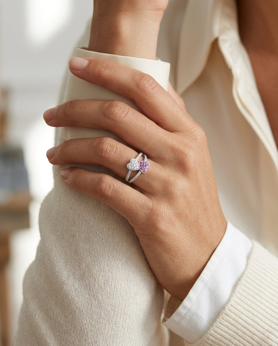 Pink Sapphire And Diamond Twin Heart Ring In 14 Karat White Gold — editorial close-up