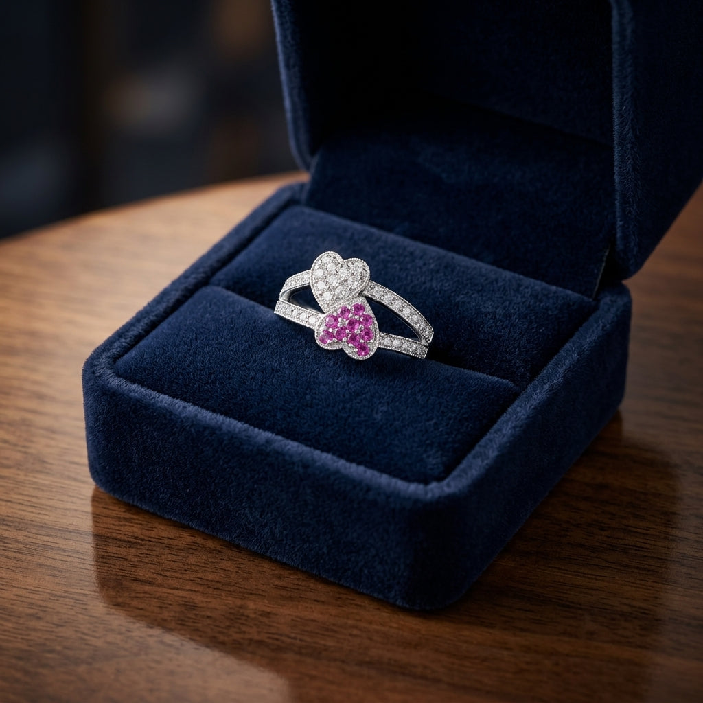 Pink Sapphire And Diamond Twin Heart Ring In 14 Karat White Gold — gift presentation