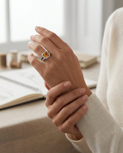 Citrine And Diamond Ring In 14k White Gold — editorial close-up