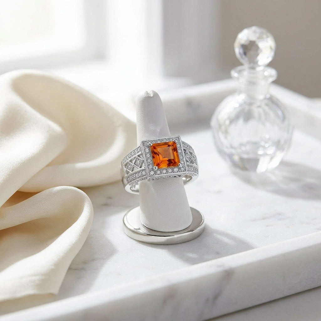 Citrine And Diamond Square Halo Ring In 14k White Gold (0.40 Ctw) — atelier still life