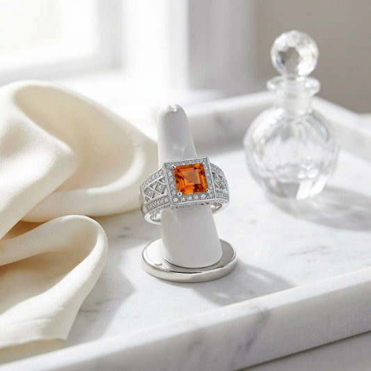 Citrine And Diamond Square Halo Ring In 14k White Gold (0.40 Ctw) — atelier still life