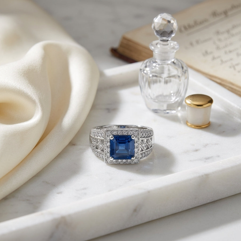 Sapphire And Diamond Square Halo Ring In 14k White Gold (3/8 Ct.tw.) — atelier still life