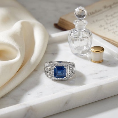 Sapphire And Diamond Square Halo Ring In 14k White Gold (3/8 Ct.tw.) — atelier still life