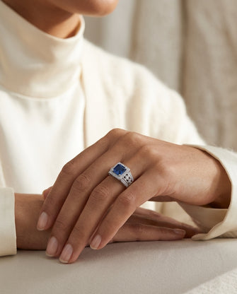 Sapphire And Diamond Square Halo Ring In 14k White Gold (3/8 Ct.tw.) — editorial close-up