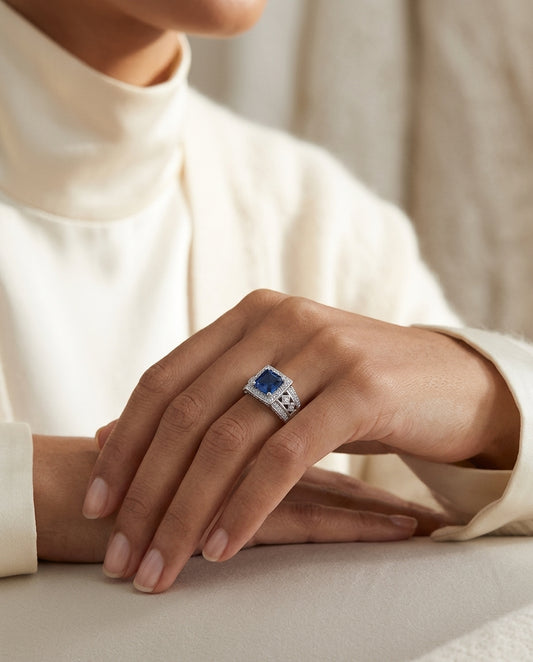 Sapphire And Diamond Square Halo Ring In 14k White Gold (3/8 Ct.tw.) — editorial close-up