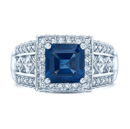 Sapphire And Diamond Square Halo Ring In 14k White Gold (3/8 Ct.tw.)