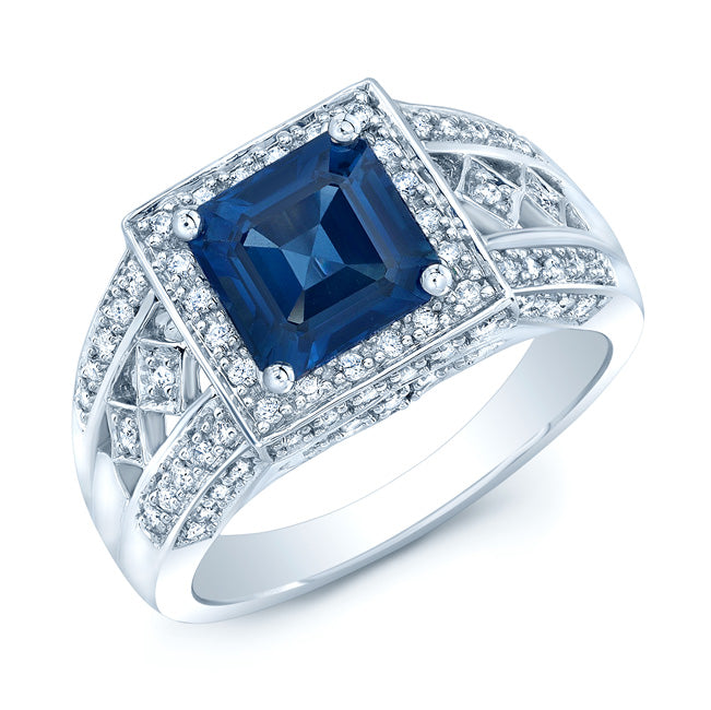 Sapphire And Diamond Square Halo Ring In 14k White Gold (3/8 Ct.tw.)