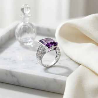 Amethyst And Diamond Semi Bezel Tulip Head Ring In 14k White Gold (0.99 Ctw) — atelier still life