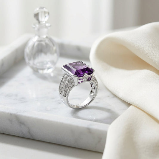 Amethyst And Diamond Semi Bezel Tulip Head Ring In 14k White Gold (0.99 Ctw) — atelier still life